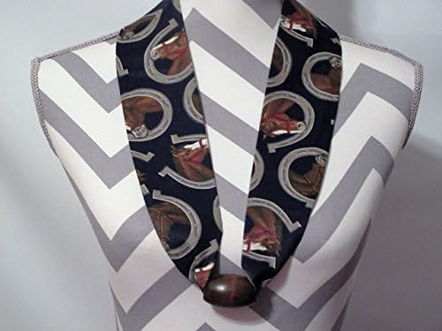 Handmade Horses and Horseshoes Scarf by Ladies Fashion Collars with Brown Wood Bead One Size Fits All Cotton Horse Lovers Print Navy Background