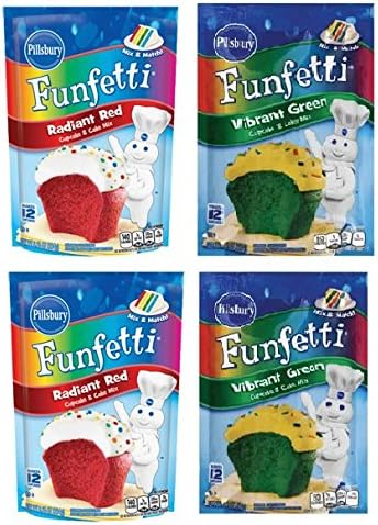 Pillsbury Funfetti Cupcake Mix Bundle of Red &amp; Green Cupcake Mixes for Christmas Holiday Baking, Flag or Team Colors, (4 Count)