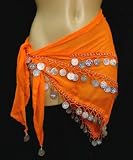 ~ Hot Belly Dancers Silver Coins/Beads Orange Hip Scarf ~