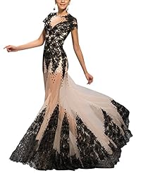 Tulle Applique Jeweled Vintage Short Sleeves Floor Length Evening Dress 