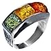 Certified Genuine Multicolor Amber and Sterling Silver Square Designer Ring
