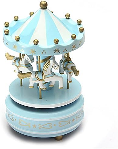 "Light Blue 1Pc " Wooden + Plastic Merry-Go-Round Carousel Music Box Christmas Birthday Gift Toy Set103