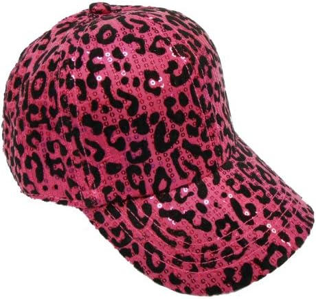 Women's Glitter Sequin Leopard Print Baseball Cap Hat (Fuschia)