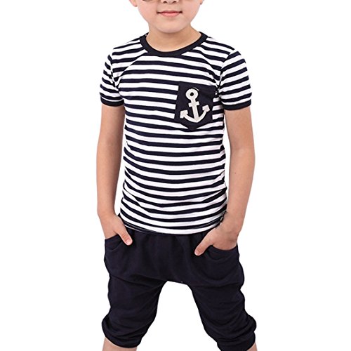 Shensee Cool Summer Children Clothing Boys Navy Striped T-shirt + Pants Suits