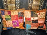 IMAGE OF 2 Deep Saffron Beaded Ethnic Sari Cushion Covers Bed Pillows