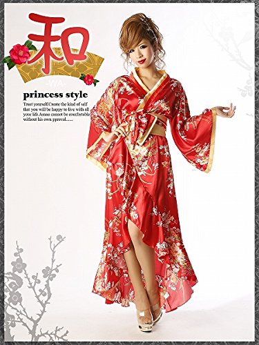 艶美なでしこ和柄着物ドレス*リボン帯付きワンタッチ*カスケードアシメライン-red*2849-RD