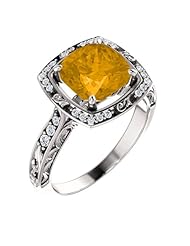 18K White Gold 8.00x8.00mm Antique Cushion Cut Citrine and Diamond Ring -- LIFETIME WARRANTY