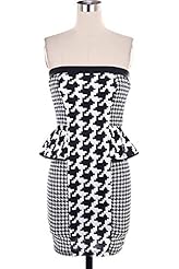 Strapless Polyester/Ponte/Spandex Houndstooth Print Peplum  Dress