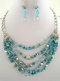 Fashion Jewelry ~ Five Layered Mix Blue Turquoise Faceted Beads Necklace and Earrings Set