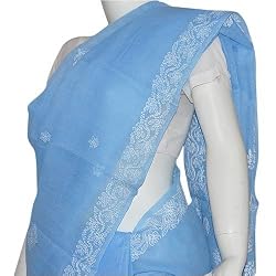 Indian Saree Cotton Chikan Embroidery Blue