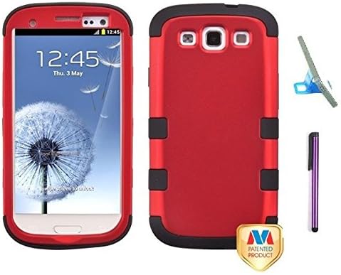 New Samsung Galaxy S3 Two Layer Soft Inside And Hard Outside Phone Protector Case With Purple Touch Screen Stylus Pen And Phone Stand S III I747 / I9300 (Red/Black)