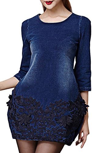 OYDIAN Women's Solid 3/4 Sleeve Bell Bottom Jeans Denim Dresses Blue 4XL