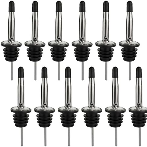 Stainless Steel Classic Fast Speed Flow Bottle Pourers with W/Tapered Spout and Rubber Dust Caps (12 Piece) for Pubs Clubs Restaurants Bars Coffee Kitchen Shops Diners BBQ