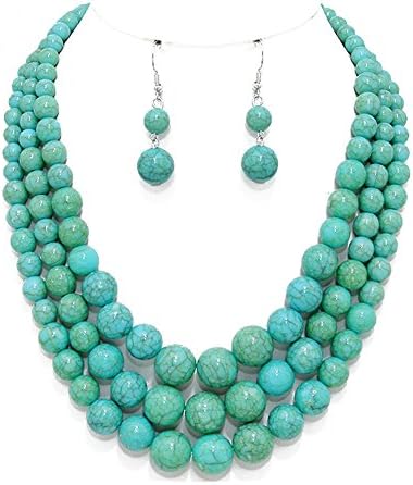 Teal Blue-Green Howlite 3 Strand Graduated Bead Necklace, 18 Inches Long with Dangle Drop Earrings