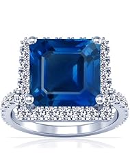 18K White Gold Emerald Cut Blue Sapphire Ring With Sidestones