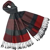 Men's Multi-Color Stripe Plaid Viscose Tassel Ends Long Scarf - Red and Black