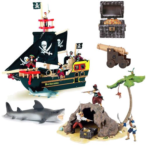 Papo Wooden Barbarossa Pirate Ship With Pirate Island And Accessory Bundle