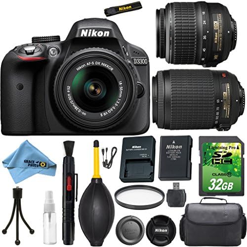 Nikon D3300 DSLR + 18-55 VR II Lens + 55-200 VR II Zoom Lens + 32GB High-speed SD Card + Deluxe Camera Carry Case + DSLR Maintenance Cleaning Kit - International Version
