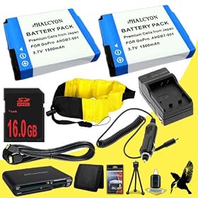 Two Halcyon 1500 mAH Lithium Ion Replacement Battery + External Rapid Charger + 16GB SDHC Class 10 Memory card + Mini HDMI Cable + Waterproof Floating Strap + Multi Card USB Reader + Memory Card Wallet + Deluxe Starter Kit for GoPro HD Hero, HD Hero2, HD HERO Naked