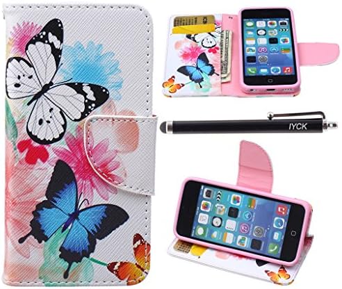 iPhone 5C Case, iPhone 5C Case Wallet, iYCK Premium PU Leather Flip Folio Carrying Magnetic Closure Protective Shell Wallet Case Cover for iPhone 5C with Kickstand Stand - Butterfly Flower
