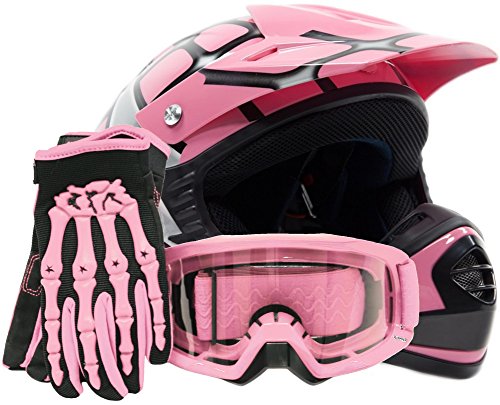Youth Offroad Gear Combo Helmet Gloves Goggles DOT Motocross ATV Dirt Bike Spiderman Pink , Small