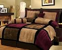 7 Pieces Brown, Burgundy, and Black Suede Patchwork Comforter Bedding Set / Bed-in-a-bag Queen Size
