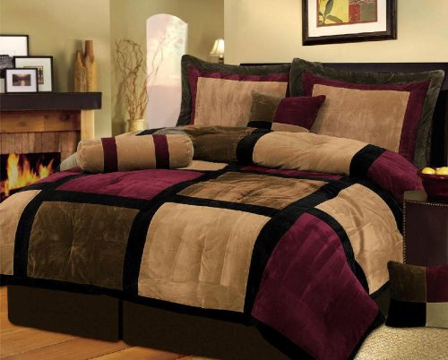 7 Pieces Brown, Burgundy, and Black Suede Patchwork Comforter Set / Bed-in-a-bag Full or Double Size Bedding