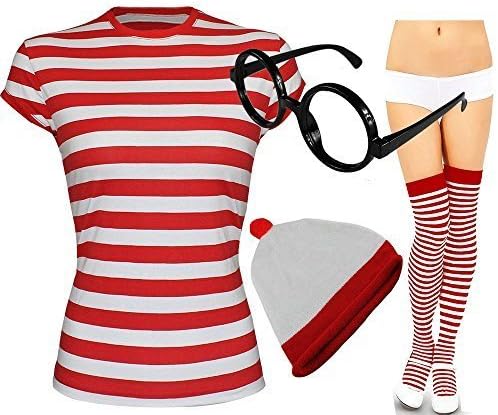 Wheres Wally Womens Size 14 Four Peice Set Fancy Dress Costume T-shirt Hat Glasses Striped Over The Knee Socks Size 14 (1StopClothingCo) by The1StopPartyShop