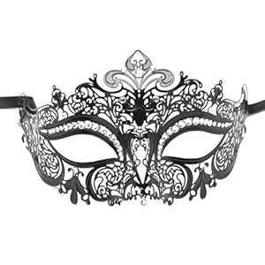 Coxeer® Black Laser Cut Venetian Mardi Gras Masquerade Mask with Diamonds (Black 6)