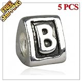 1 Buy = 5PCS Silver Plated Alphabet Letter Alloy Charm Beads, High Quality With Sterling 925 Silver Brightness, 4.5mm Threaded Core, Matching Lampwork Murano Glass Beads for European Style Bracelets and Necklaces, Well Compatible with Pandora, Troll, Biagi, Caprice, Dione Chains