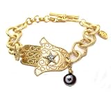 Beautiful Blee Inara 18k Gold Plated Hamsa Palm and Dark Red Eye of Protection Charm Bracelet on Circle Linked Heart Toggle Chain Comes Gift Boxed (BI208)