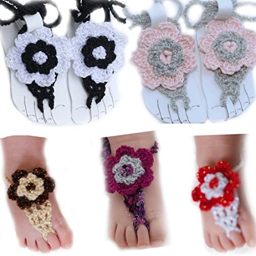 Zacr Pure Handmade Knit Flowers Barefoot Sandals Infant Toddler Baby Feet Decoration (Purple gray)