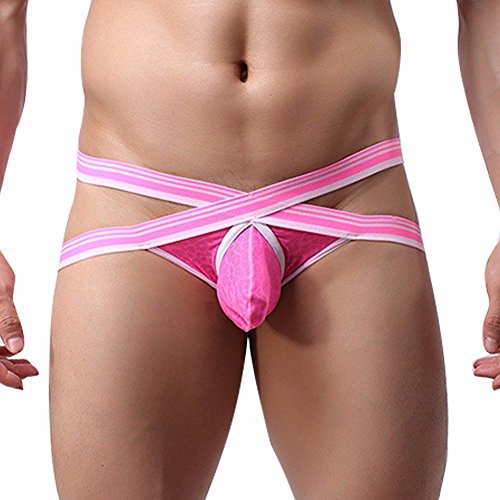 FEESHOW Men's Jock Strap Bikini Birefs X Cross Bulge Pouch Underwear Hot Pink