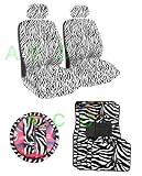 11 Piece Safari Animal Print Auto Interior Gift Set - 2 Zebra Low Back Front Bucket Seat Covers with Separate Headrest Cover, 1 Zebra Steering Wheel Cover,2 Zebra Shoulder Harness Pressure Relief Cover, 2 Zebra Front Floor Mats, and 2 Rear Floor Mats