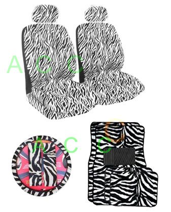 11 Piece Safari Animal Print Auto Interior Gift Set - 2 Zebra Low Back Front Bucket Seat Covers with Separate Headrest Cover, 1 Zebra Steering Wheel Cover,2 Zebra Shoulder Harness Pressure Relief Cover, 2 Zebra Front Floor Mats, and 2 Rear Floor Mats