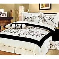 7 Pieces Light Beige and Black Luxury Bamboo Branch Comforter/bed-in-a-bag Set Queen Size Bedding