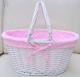 White with Pink poka dot Lining Wicker Basket with handles toy storage or shopping or baby stuff