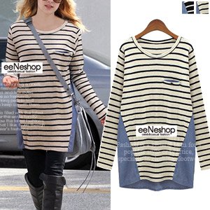 (イイネショップ) eeNeshop ボーダー配色ロングトップス