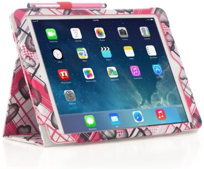 iPearl Leather Folia Cover Case for iPad Air (Retina display & Lightning connector) with Built-in Stand, Hand Strap compatible with Car/Auto/Van Seat, Sleep/Wakeup function and FREE Touch Screen Stylus Pen (Heart Design)