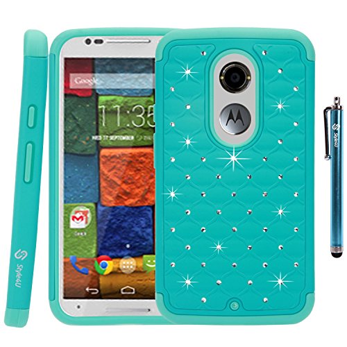 Moto X 2nd Gen Case, Moto X 2 Case, Style4U Motorola Moto X (2nd Generation) Studded Rhinestone Crystal Bling Hybrid Armor Case Cover for Motorola Moto X (2nd Gen, 2014 Release Only) with 1 HD Screen Protector and 1 Stylus [Teal / Mint Green]
