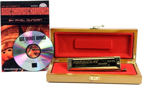 Hurricane Harps, 1248 Chromatic Harmonica, Titanium Plated, 12 Hole, Key of C, with Deluxe Wooden Case, Book and CD