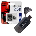 Combo of Kingston 2GB microSD Memory Card with SD Adapter and Malcom Distributors Multi Format Black USB Memory Card Reader Writer for SD microSD miniSD MMC RSMMC memory cards