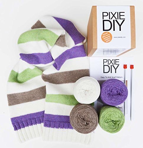 Luxury Stripy Scarf Knitting Kit - Cream Green Brown Purple Stripes