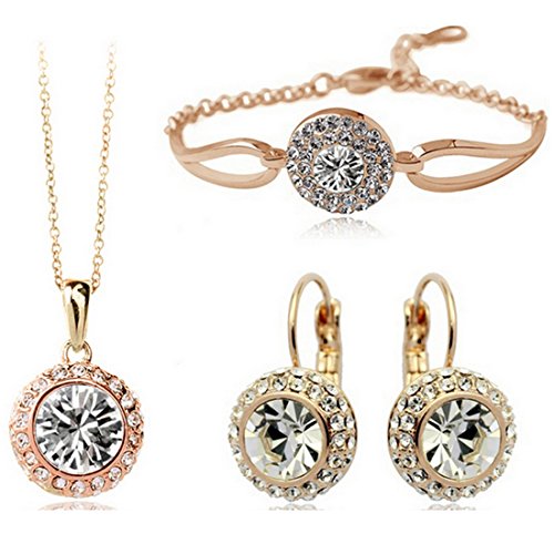 Women Fashion Jewelry 18K Gold Plated Crystal Round Shaped Necklace Bracelet Earrings Set