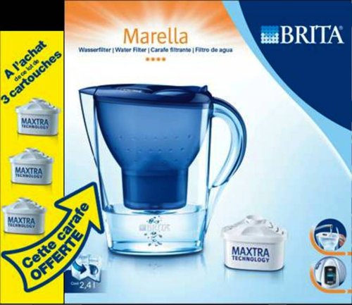 Brita - 103248 - Pack de 3 Cartouches Maxtra + 1 Carafe filtrante Marella Bleue - 1.4 l d'eau filtr�e - Technologie de filtration Maxtra