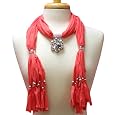 Coral Pink Radiant Flower Charm Jewelry Pendant Scarf With Fringe