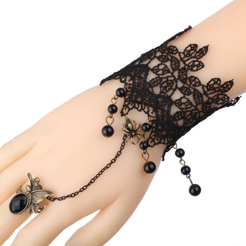YAZILIND Black Lace Slave Bracelets with Ring Lolita Butterfly Spider Tassels Beads