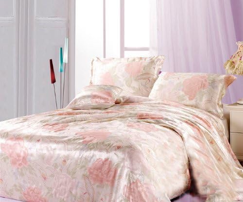 YYfashion 4-piece 100% Pure Natural Silk Bedding quilt 220x240cm bed sheet 250x270cm Pillowcase 48x74 + 5 cm for king california king bed Floral Design Peony Pink