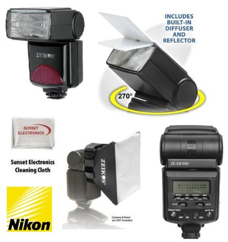 Professional TTL Power, Zoom & 270 Degree Swivel D-SLR Flash For The Nikon D7000, D3100, D3000, D5000, D700, D900, D60, D70, D70S, D300, D300S, D40, D40X, D60, D3, D2H, D3X, D100 SLR Digital Cameras Includes 1 Wide Angle Diffuser, 1 Bounce Reflector, & 1 Proffesional Soft Box Flash Diffuser