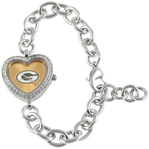 Green Bay Packers NFL Silver Rhinestone Ladies Heart Watch